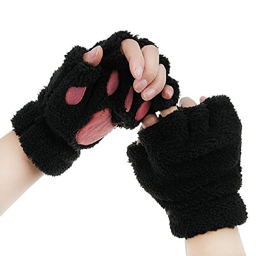 Product Cover Himine Cat Claw Bear Paw Fingerless Winter Plush Gloves 1Pair (Black)