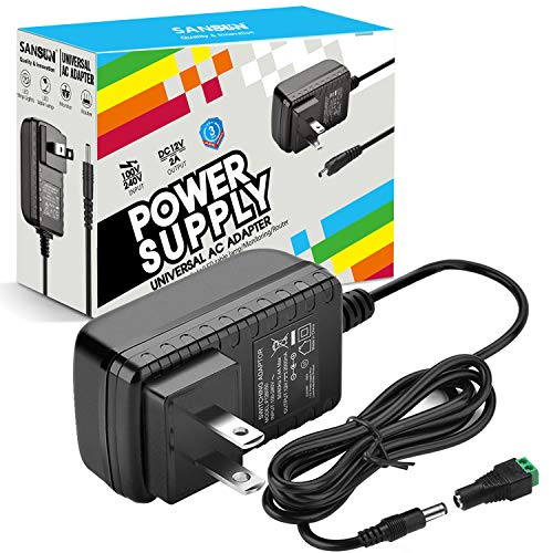 Product Cover DC12V 2A Power Supply Adapter, SANSUN AC100-240V to DC12V Transformers, Switching Power Supply for 12V LED Strip Lights, 12 Volt 2 Amp Power Adaptor, 2.1mm X 5.5mm US Plug (1pcs)