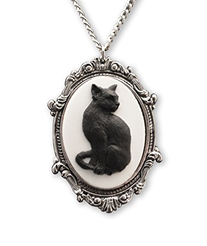 Product Cover Black Cat Cameo in Antique Silver Finish Pewter Frame Pendant Necklace