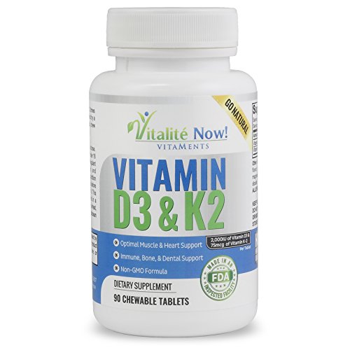 Product Cover Best Vitamin D3 2000 IU + K2 - Optimized Absorption in Best Form MK7 for Strong Bones & Healthy Heart - All Natural - Cherry Flavor - Non-GMO - 90 Chewable Tablets - 3 Month Supply!