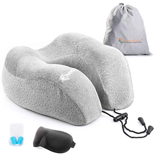 Product Cover SmarterLife Airplane Neck Pillow - 100% Pure Memory Foam Travel Pillow - Comfortable and Breathable Hypoallergenic Velour Cover - Includes Travel Bag, Eye Mask, Earplugs