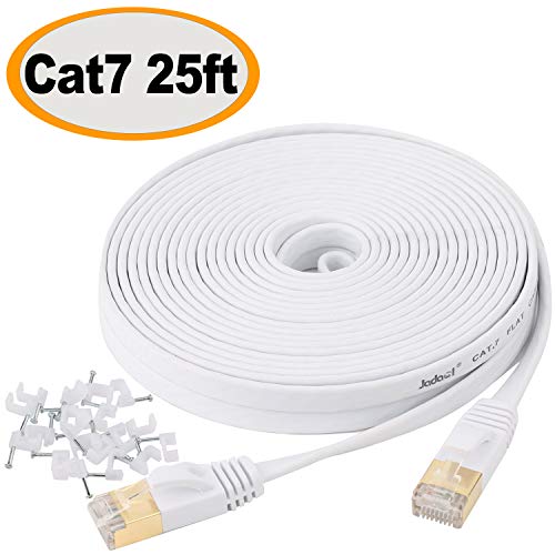 Product Cover Cat 7 Ethernet Cable 25 ft Shielded - Solid Flat Internet Network Computer patch cord - faster than Cat5e/Cat5/cat6 network, Slim Cat7 High Speed Lan Wire with Rj45 Connectors for Router, Modem- White
