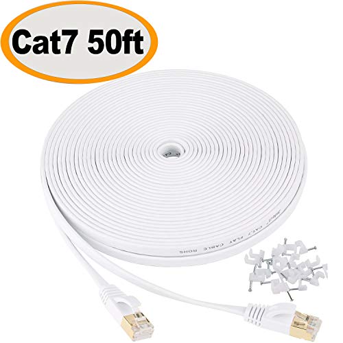 Product Cover Jadaol Cat 7 Ethernet Cable 50 ft Shielded, Solid Flat Internet Network Computer patch cord, faster than Cat5e/cat6 network, durable Cat7 High Speed RJ45 Lan Wire for Router, Modem, Gaming, Hub- White