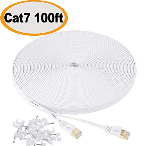 Product Cover Jadaol Cat 7 Ethernet Cable 100 ft Shielded, Solid Flat Internet Network Computer patch cord, faster than Cat5e/cat6 network, Slim Long durable High Speed RJ45 Lan Wire for Router, Modem, Xbox - White