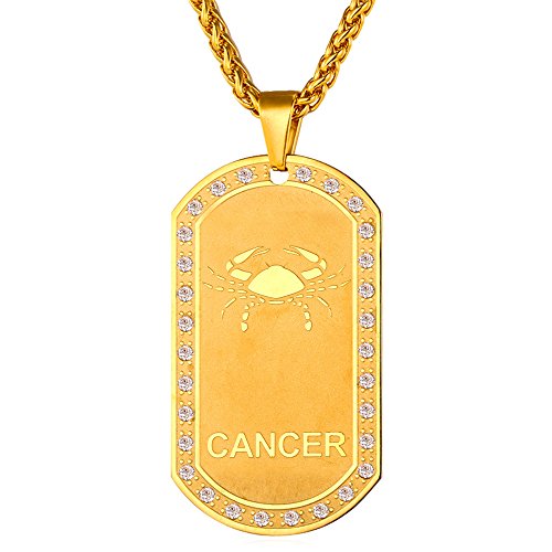 Product Cover U7 Men Women Zodiac Sign Necklace Stainless Steel Rolo Chain Rhinestone Dog Tags Pendant with Constellation Horoscope Sign, Gift Packed, Free Message Engrave Back Side