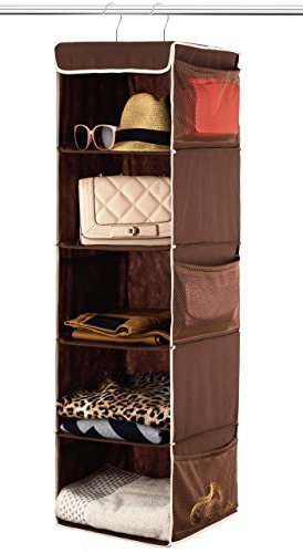 Product Cover Zober 5 Shelf Hanging Closet Organizer Space Saver, Roomy Breathable Hanging Shelves With (6) Side Accessories Pockets, And 2 Sturdy Hooks, For Clothes Storage, And Shoes, Etc. 12 x 11 ½ x 42 In, Java