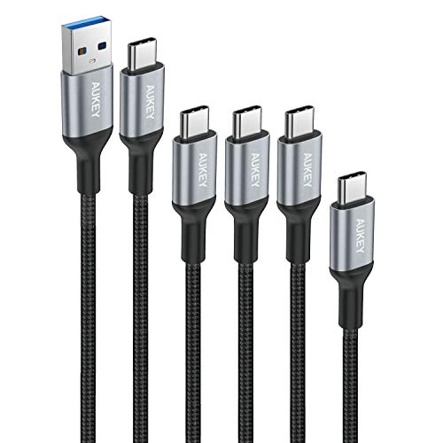 Product Cover AUKEY USB C Cable to USB 3.0 A Braided [5 Pack] 3.3ft x 3, 6.6ft, 1ft USB Type C Cable Fast Charge for Samsung Galaxy S8 S8 Plus Note 8 Note 9, LG V30 V20 G6 G5, HTC U11/10
