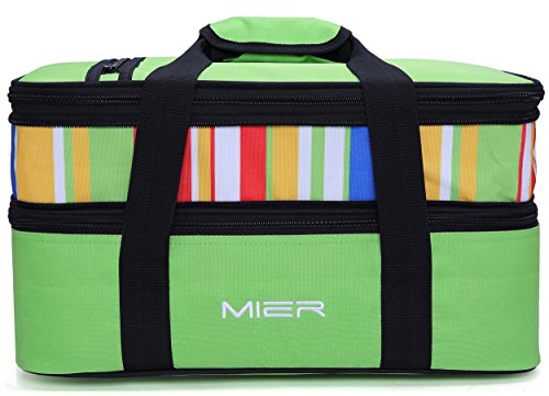 Product Cover MIER Insulated Double Casserole Carrier Thermal Lunch Tote for Potluck Parties, Picnic, Beach, Fits 9 x 13 Inches Casserole Dish, Expandable, Green