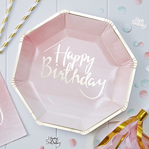 Product Cover Ginger Ray PM-902 Pick and Mix Foiled Pink Ombre Happy Birthday Party Paper Plates (8 Pack), Gold, 25Cm,