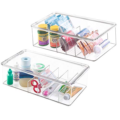 Product Cover mDesign Stackable Plastic Storage Bin Box with Lid - Divided Organizer for Vitamins, Supplements, Serums, Essential Oils, Medicine Pill Bottles, Adhesive Bandages, First Aid Supplies - 2 Pack - Clear