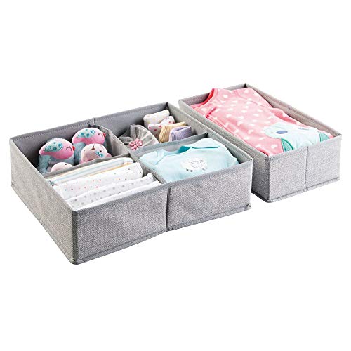 Product Cover mDesign Soft Fabric Dresser Drawer and Closet Storage Organizer Set for Child/Kids Room, Nursery, Playroom - 2 Pieces, 5 Compartments - Textured Print - Gray