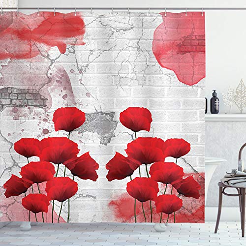 Product Cover Ambesonne Poppy Flower Shower Curtain, Flourishing Rural Field Vibrant Blooms on Weathered Brick Wall Backdrop, Cloth Fabric Bathroom Decor Set with Hooks, 70