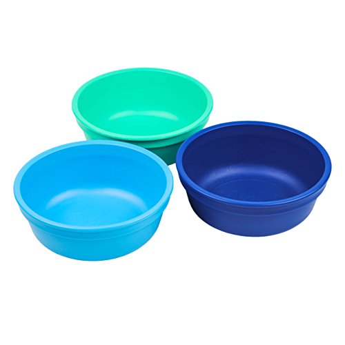 Product Cover Re-Play Made in The USA 3pk Bowls for Easy Baby, Toddler, and Child Feeding - Sky Blue, Aqua, Navy Blue (True Blue)