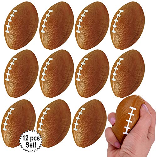 Product Cover Mini Sports Balls for Kids Party Favor Toy, Soccer Ball, Basketball, Football, Baseball (12 Pack) Squeeze Foam for Stress, Anxiety Relief, Relaxation. (12 Pack (Footballs))