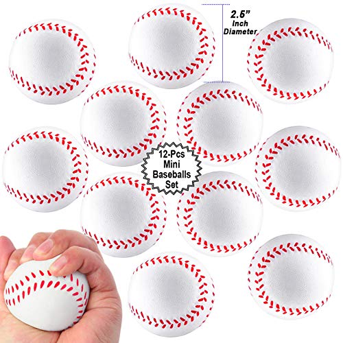 Product Cover Mini Sports Balls for Kids Party Favor Toy, Soccer Ball, Basketball, Football, Baseball (12 Pack) Squeeze Foam for Stress, Anxiety Relief, Relaxation. (12 Pack (Baseballs))