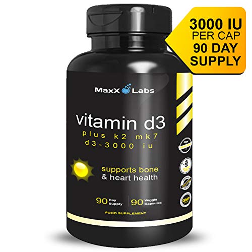 Product Cover Vitamin D3 K2 MK-7 Supplements - New - Full 3,000 IU Per Capsule Plus 115mcg MK7 from Natto - Natural, Effective - Vitamin K2 Supports Bone and Heart Health - Gluten Free - 90 Capsules