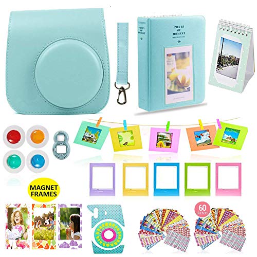 Product Cover Fujifilm Instax Mini 9 or Mini 8 Instant Camera Accessories Bundle 11 Piece Gift Set Kit Includes BLUE Case with Strap, Albums, Filters, Selfie lens, Hanging + Creative Frames, 60 stickers & More