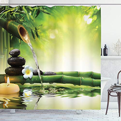 Product Cover Ambesonne Spa Shower Curtain, Meditation and Picture of Bamboo Stalks Candle and Basalt Stones Theraphy Relaxing, Cloth Fabric Bathroom Decor Set with Hooks, 70
