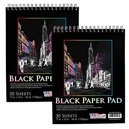 Product Cover US Art Supply 9 in. x 12 in. Premium Black Heavyweight Paper Spiral Bound Sketch Pad, 140gsm, 64 Pound, 30 Sheets (Pack of 2 Pads)