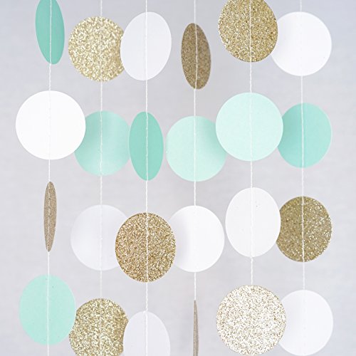 Product Cover Circle Dots Paper Party Garland Streamer Backdrop (10 Feet Long) - Mint, White, Gold Glitter
