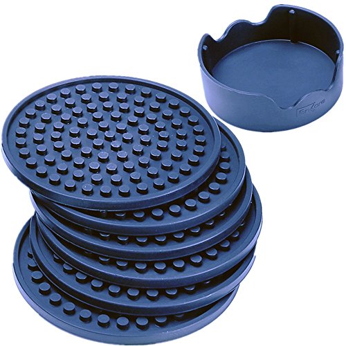 Product Cover Enkore Drink Coasters Silicone Set of 6 (Dark Indigo) With Holder - Stay Put With No Slipping, Large Size Deep Condensation Trap - Friendly to All Table Types and Kid Safe