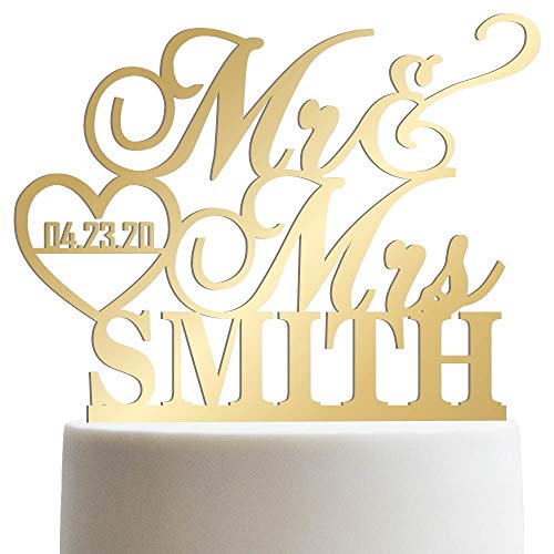 Product Cover Personalized Wedding Cake Topper Mr Mrs Heart Customized Wedding Date And Last Name To Be Bride & Groom | Mirrored Cake Toppers