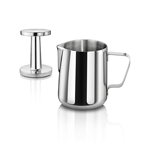 Product Cover New Star Foodservice 28829 Commercial Grade Stainless Steel 18/8 12 oz Frothing Pitcher and Die Cast Aluminum Tamper Combo Set, Silver