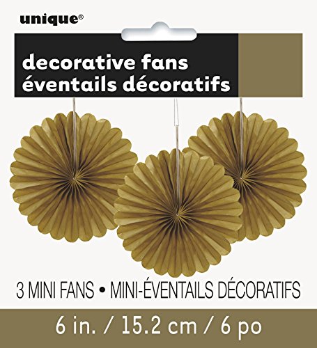 Product Cover Unique Industries, Mini Tissue Paper Fan Decorations, 6 Inches, Party Supplies - Gold, Pack of 3