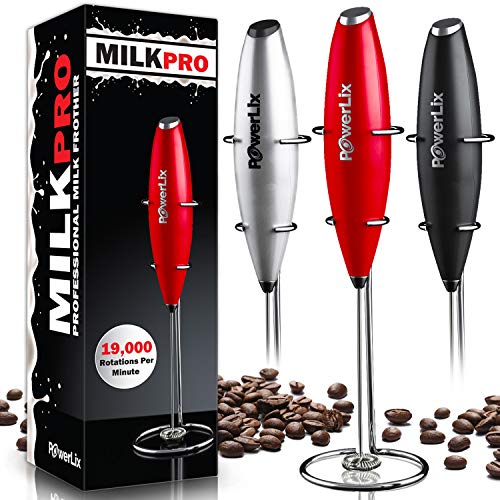 Product Cover PowerLix Milk Frother Handheld Battery Operated Electric Foam Maker for Coffee, Latte, Cappuccino, Hot Chocolate, Durable Drink Mixer with Stainless Steel Whisk, Stand Include