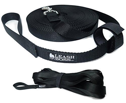 Product Cover Leashboss Long Trainer - 30 Foot Lead - 1 Inch Nylon Long Dog Training Leash with Storage Strap - K9 Recall - for Large Dogs (30 Foot, Black)
