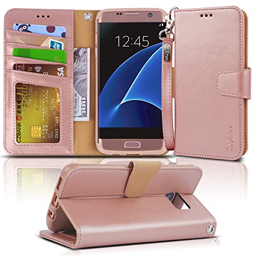 Product Cover Arae Case Compatible for Samsung Galaxy s7 Edge, [Wrist Strap] Flip Folio [Kickstand Feature] PU Leather Wallet case with ID&Credit Card Pockets (Rosegold)