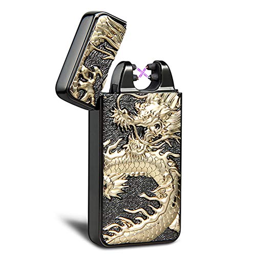 Product Cover Kivors USB Rechargeable Windproof Flameless Electronic Pulse Double Arc Cigarette Lighter Belief Chinese Dragon Loong Lighter Black