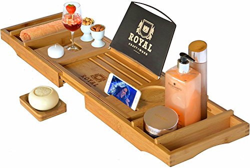 Product Cover ROYAL CRAFT WOOD Luxury Bathtub Caddy Tray, One or Two Person Bath and Bed Tray, Bonus Free Soap Holder (Natural Bamboo Color)