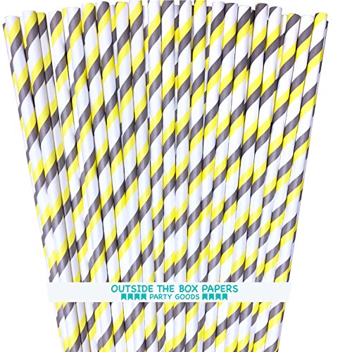 Product Cover Striped Paper Straws - Yellow Gray White - 7.75 Inches - Pack of 100 - Outside the Box Papers Brand
