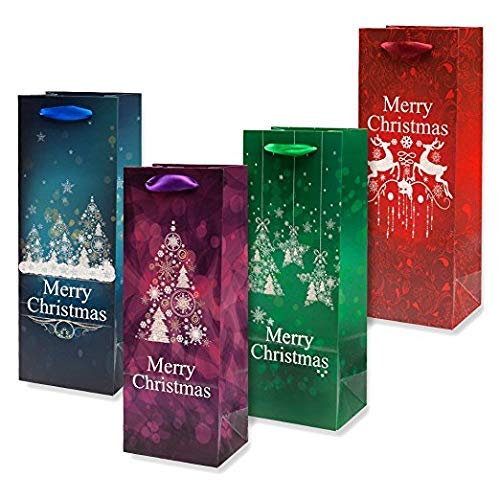 Product Cover Gift Boutique 12 Christmas Wine Gift Bags with Handle and Gift Tags Holiday Themed Heavy-Duty Alcohol Glitter Wine Bottle Bag Decorations for Home Table Party, Bulk Pack Liquor or Beer Totes