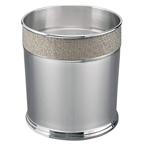 Product Cover mDesign Decorative Round Small Trash Can Wastebasket, Garbage Container Bin for Bathrooms, Powder Rooms, Kitchens, Home Offices - Polished Stainless Steel with Woven Metallic Textured Accent