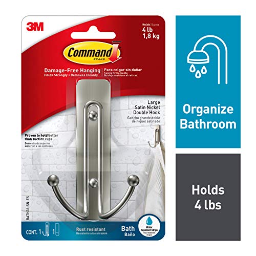 Product Cover Command BATH36-SN-ES 795092711674 Double Bath, Satin Nickel, 1-Hook, 1-Large Water-Resistant Strip, 1-Pack, Silver