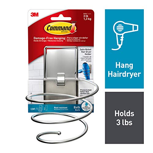 Product Cover Command, Satin Nickel, 1-Hair Dryer Holder, 2-Large Water-Resistant Strips - BATH39-SN-ES