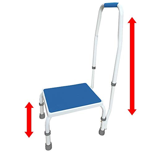 Product Cover AdjustaStep(tm) Deluxe Step Stool/Footstool with Handle/Handrail, Height Adjustable. 2 Products in 1. Modern White/Blue Design. Padded Non-Slip Handle.