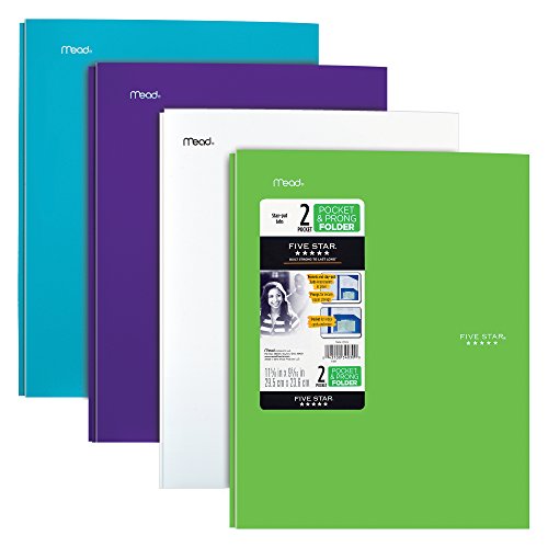 Product Cover Five Star 2 Pocket Folders with Prong Fasteners, Stay-Put Folder, Folders with Pockets, Plastic, Teal, White, Purple, Lime, 4 Pack (38064)