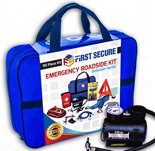 Product Cover First Secure Car Emergency Kit with Roadside Assistance Jumper Cables Portable Air Compressor Tow Strap