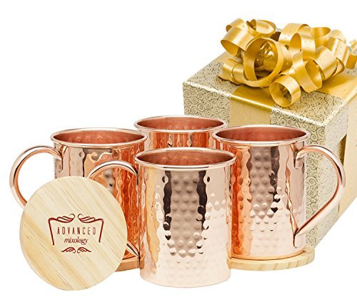 Product Cover Advanced Mixology Moscow Mule 100% Pure Copper Mugs (Set of 4)- 16 Ounce with 2 Artisan Hand Crafted Wooden Coasters-Classic (Classic)