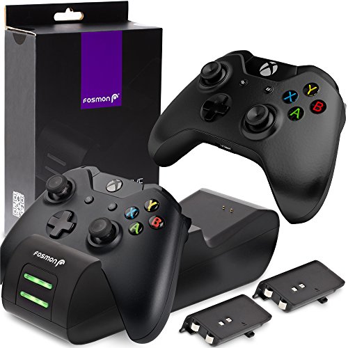 Product Cover Fosmon Dual Controller Charger Compatible with Xbox One, One X, One S, (Dual Slot) High Speed Docking Charging Station with x2 Rechargeable Battery Packs (Black)