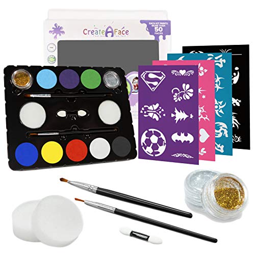 Product Cover Face Paint Kit for Parties (Paints 50-80 Faces With No Experience) 8 Vivid Colors, Glitter, Brushes, 32 DIY Stencils & Ebook - Safe Makeup. Keeps the Kids Busy & Happy