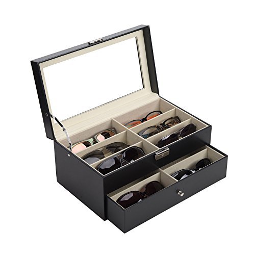 Product Cover CO-Z Sunglasses Organizer for Women Men, Multiple Eyeglasses Eyewear Display Case, Leather Multi Sunglasses Jewelry Collection Holder with Drawer, Sunglass Glasses Storage Box with 12 Compartments