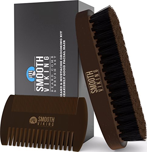 Product Cover Beard & Mustache Brush and Comb Kit - Boar Bristle Beard Brush & Wooden Grooming Comb - Facial Hair Care Gift Set for Men - Distributes Products & Wax for Styling, Growth & Maintenance - Smooth Viking