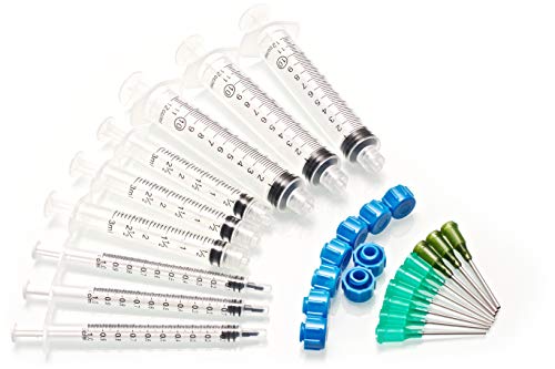 Product Cover Dispense All - 9 Pack - 10ml, 3ml, 1ml Industrial Syringes with 14Ga and 18Ga Blunt Dispensing Tips and Caps - Great for Refilling and Measuring E-Liquids, E-cigs, E-juice, Wood Glue, Glues, Adhesives
