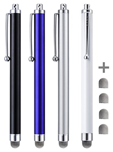 Product Cover CCIVV Stylus, 4 Pcs 5.0 Inches Hybrid Mesh Fiber Tip Stylus Pens for Touch Screen, Compatible with iPad, iPhone, Kindle Fire + 4 Extra Replaceable Hybrid Fiber Tips (White, Black, Silver, Blue)
