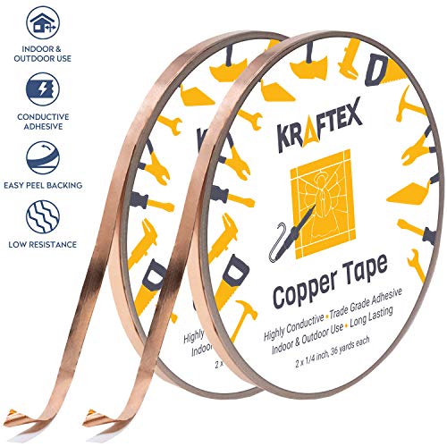 Product Cover Copper Foil Tape [2 HUGE ROLLS] (1/4inch X 36yd each) 72 Yard Pack with Conductive Adhesive - Stained Glass, Soldering, Electrical Repair, Grounding, EMI Shielding - Extra Value Pack- Thicker Foil