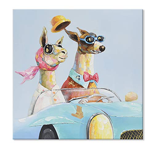 Product Cover SEVEN WALL ARTS -Modern Animal Painting Cool Dog and Alpaca Driving a Blue Car Happy Trip Decorative Artworks for Kids Room Home Decor 24 x 24 in